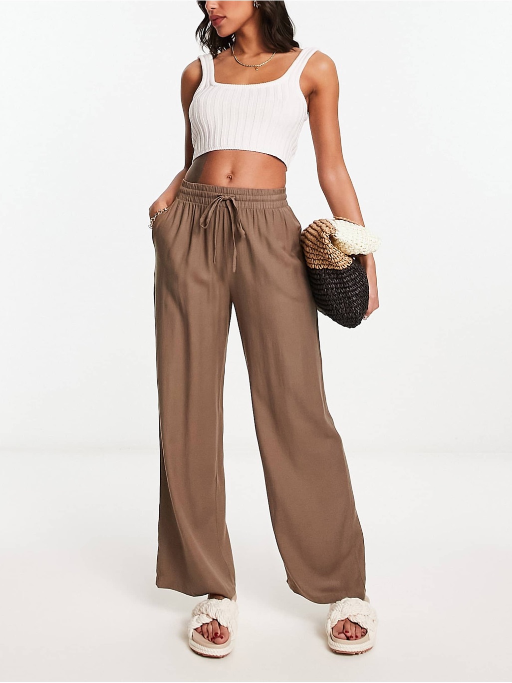 Lola May Wide Leg Drawstring Pants Taupe Champagne Uk 8 Us 4